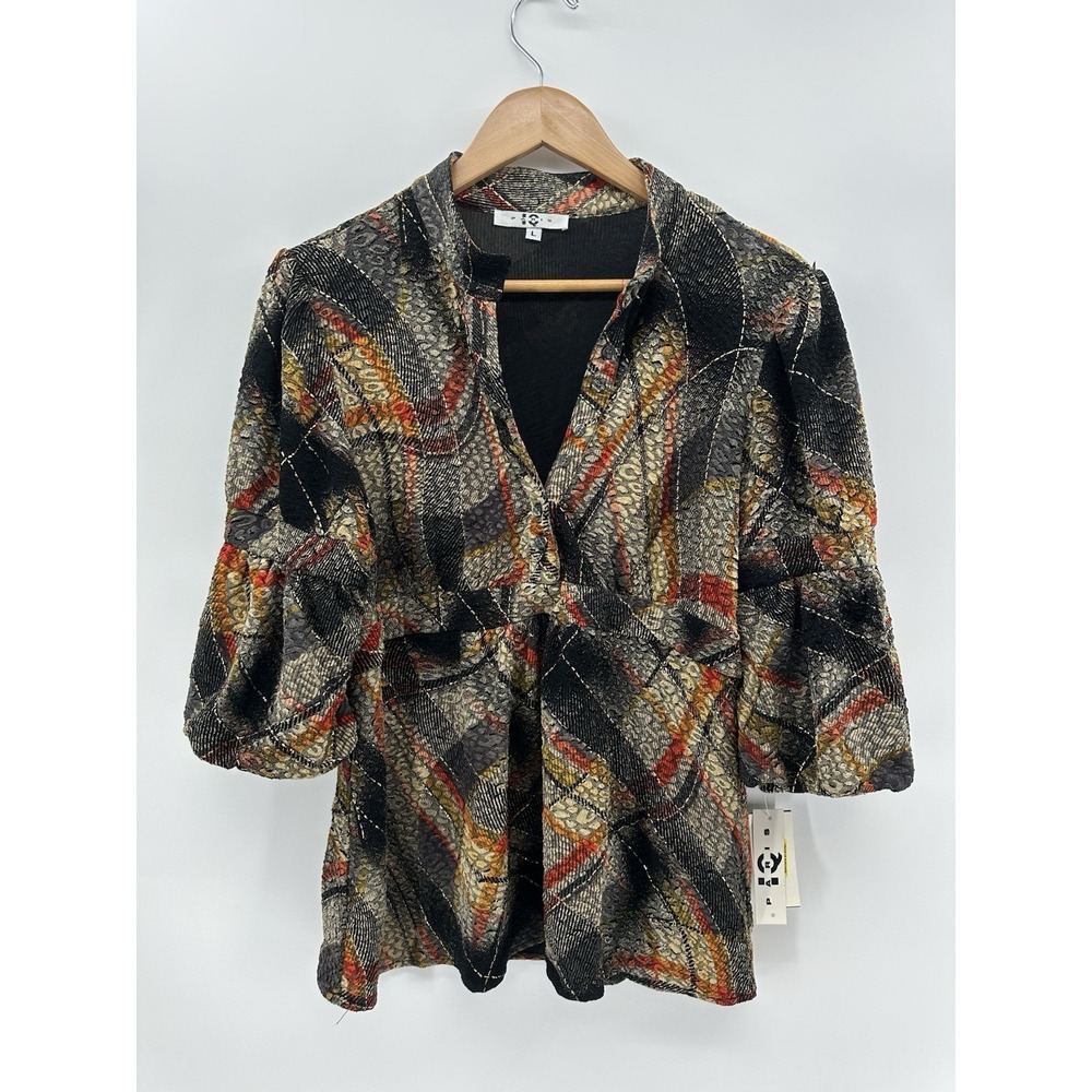 Paris IQ Artistic Print Peplum Sz L Top Black Rust Textured Flowy Statement FF46